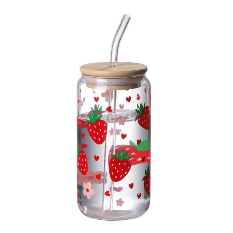 Totoro Hero Kawaii Strawberry Glass Cup With Lid And Straw Drinking Cups Iced Hot Coffee Glasses Cute Tumbler Cup for Kitchen