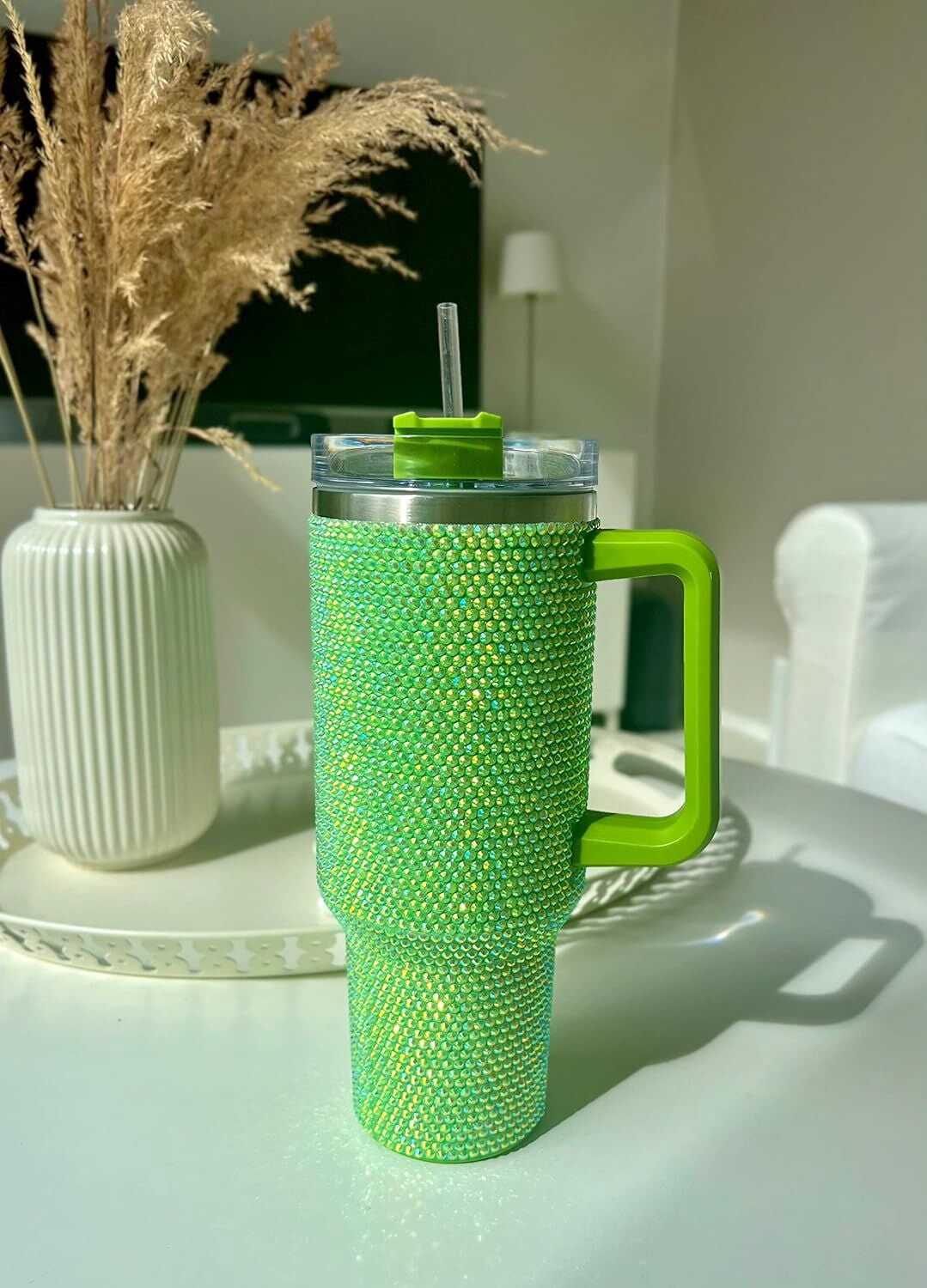 STP GOODS Stainless Steel Rhinestone Insulated Tumbler with Handle Lid and Straw 40 fl oz (1200 ml) Double-Wall Travel Mug, L