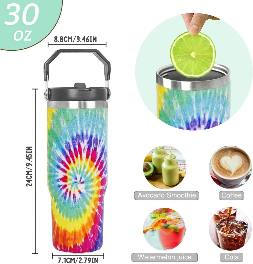 30oz Tie Dye Print Tumbler with Handle Flip Straw Tie Dye Print Coffee Mug with Handle Leak Proof Insulated Tumbler Tie Dye G