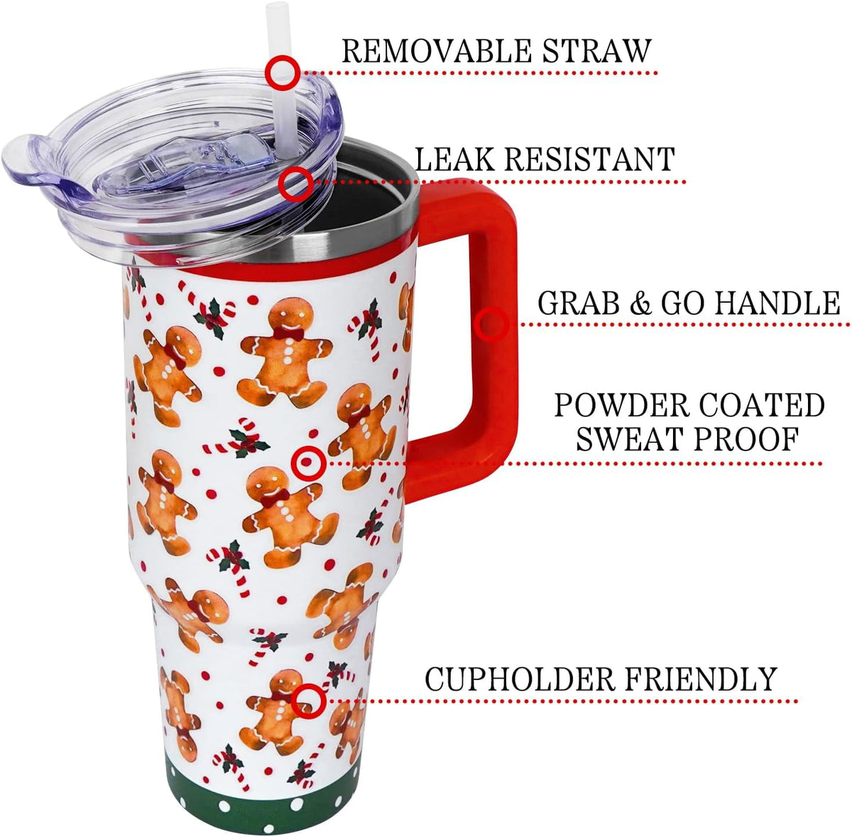 Christmas Tumbler with Handle and Straw Lid 40 oz,Cute Christmas Gifts for Women Gingerbread Candy Cane Vacuum Insulated Leak