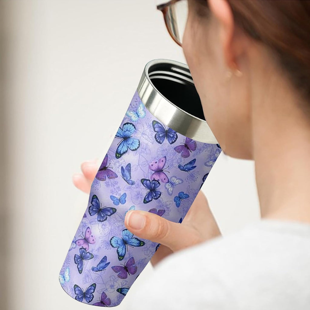 30 oz Purple Butterfly Tumbler with Handle and Filp Straw, Stainless Steel Cup with Lid and Straw, Travel Coffee Mug Insulate
