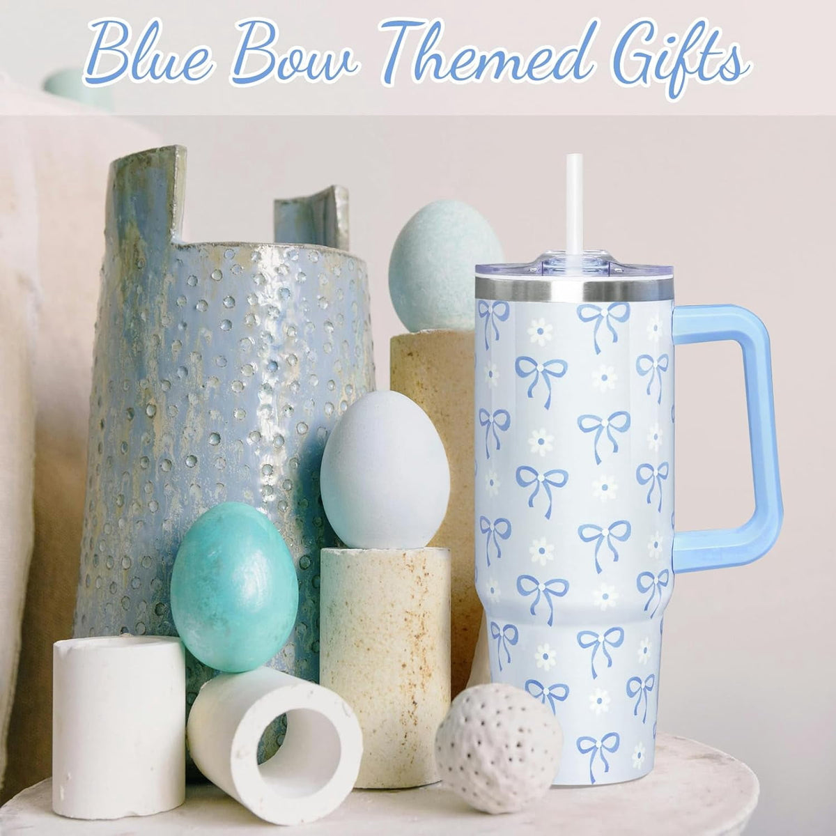 30 Oz Blue Bow Tumbler with Handle and Straw, Insulated Stainless Steel Coffee Travel Cup Mug Water Bottle, Blue Bow Themed G