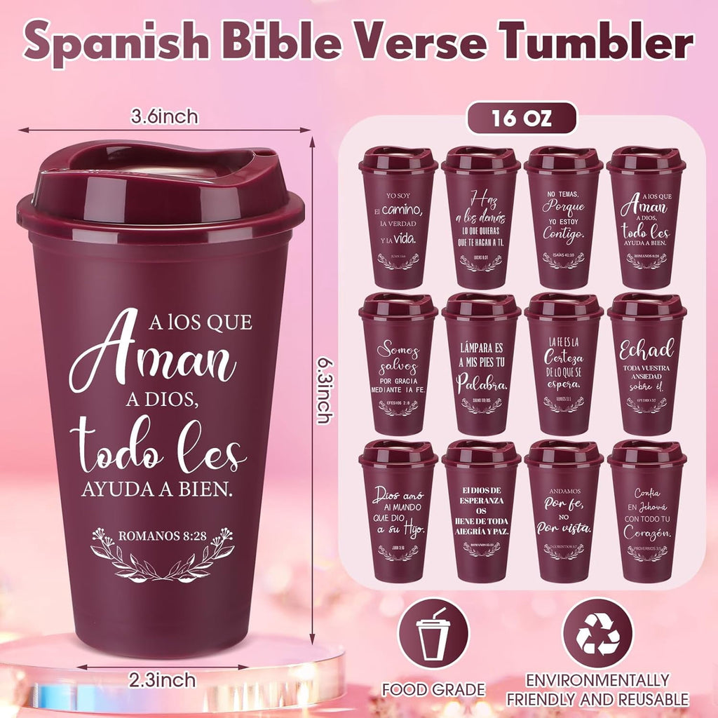 Spanish Bible Verse Tumblers Bulk, 16 oz Reusable Christian Cups with Lids, Plastic Coffee Cups for Church Events, Bible Stud