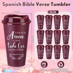 Spanish Bible Verse Tumblers Bulk, 16 oz Reusable Christian Cups with Lids, Plastic Coffee Cups for Church Events, Bible Stud