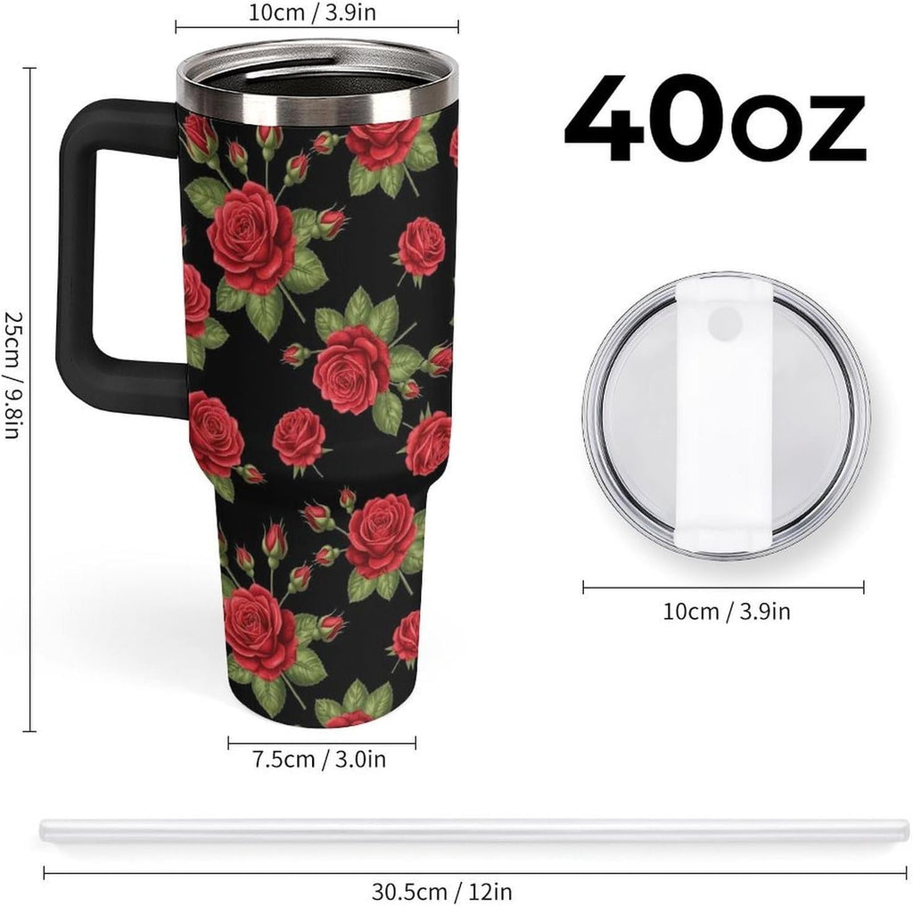 40 oz Insulated Floral Flowers Red Rose Coffee Tumbler with Portable Handle, Stainless Steel Vacuum Travel Mug for Unisex Hom