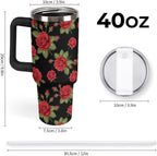40 oz Insulated Floral Flowers Red Rose Coffee Tumbler with Portable Handle, Stainless Steel Vacuum Travel Mug for Unisex Hom