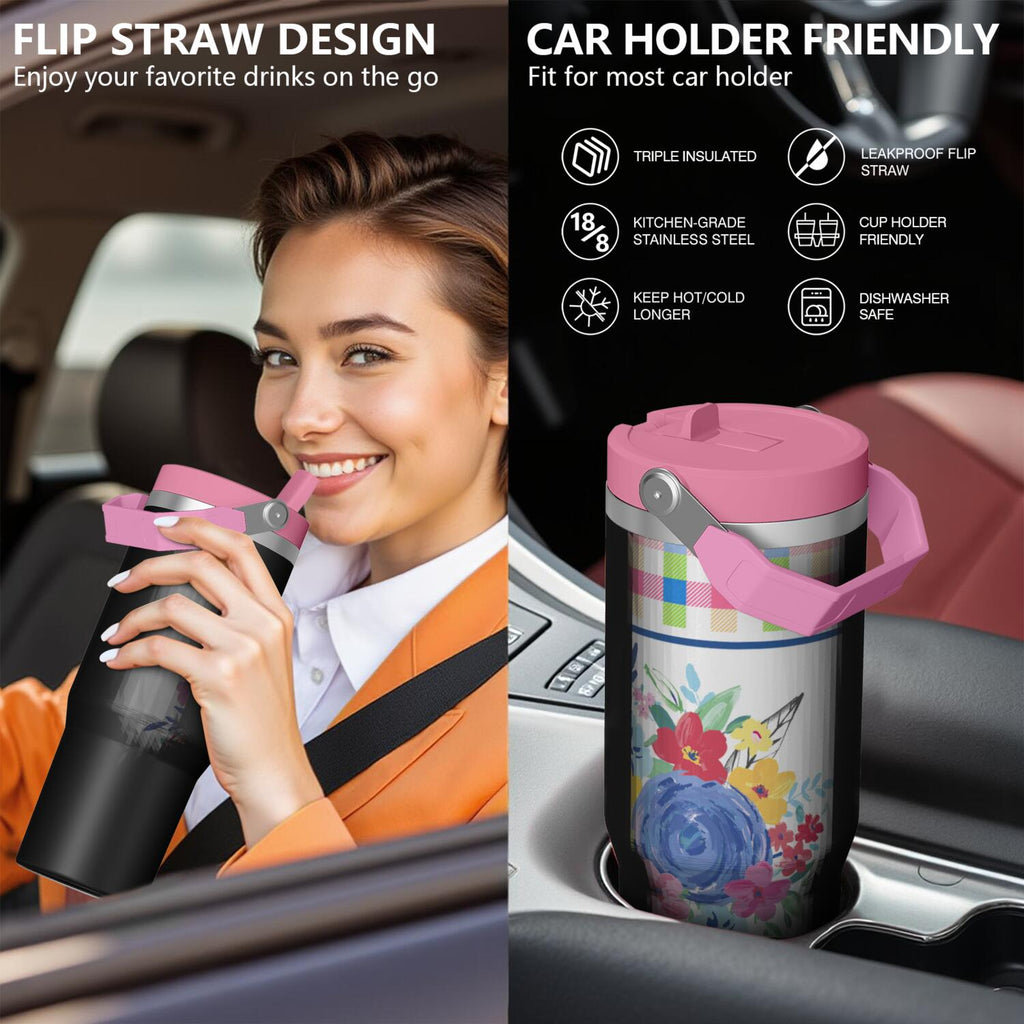 30oz Pioneer Colorful Floral Stainless Steel Flip Straw Tumbler with Lid and Straw Spill Proof Travel Cup Double Wall Vacuum 