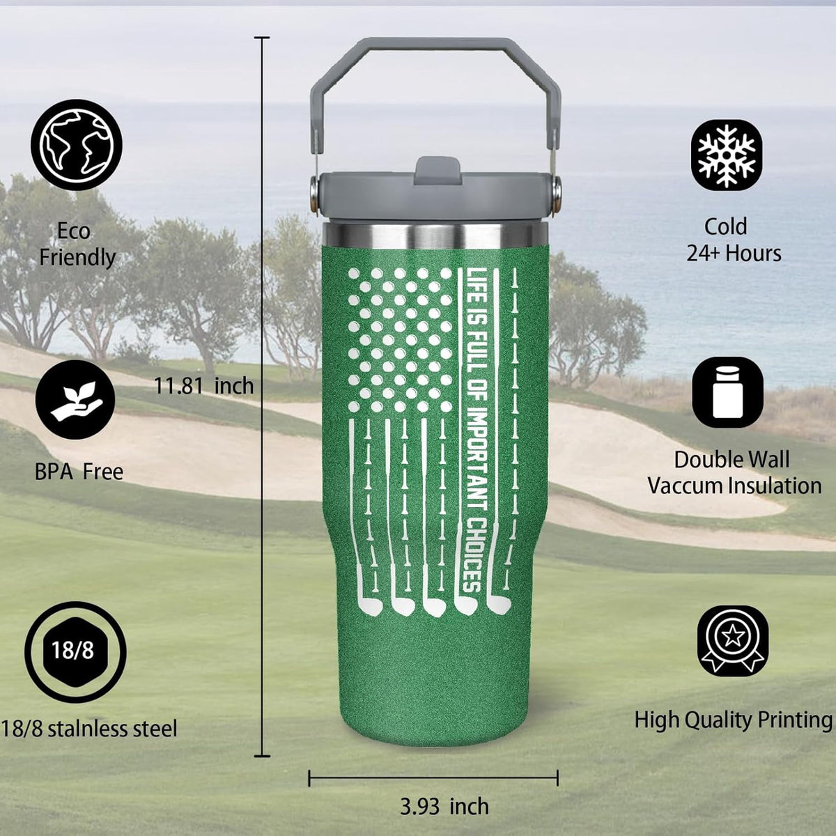 Golf Gifts For Men Women Golfers 30Oz Green Golf Tumbler With Handle 30 OZ Golf Travel Coffee Mug Water Bottle Stainless Stee