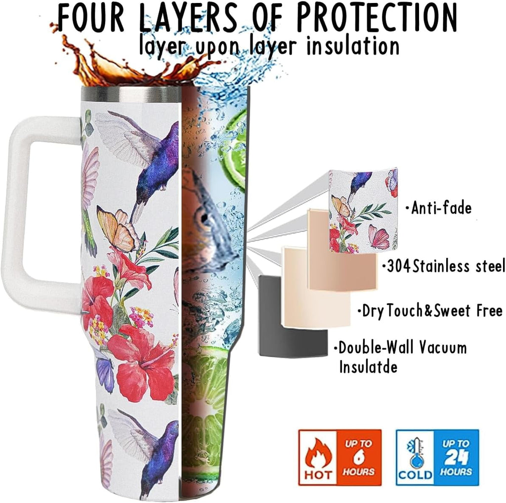 40 oz Tumbler with Handle and Straw Leak Proof Tumbler 40 oz Insulated Cup with Handle Hummingbird Coffee Travel Mug 40 oz Hu