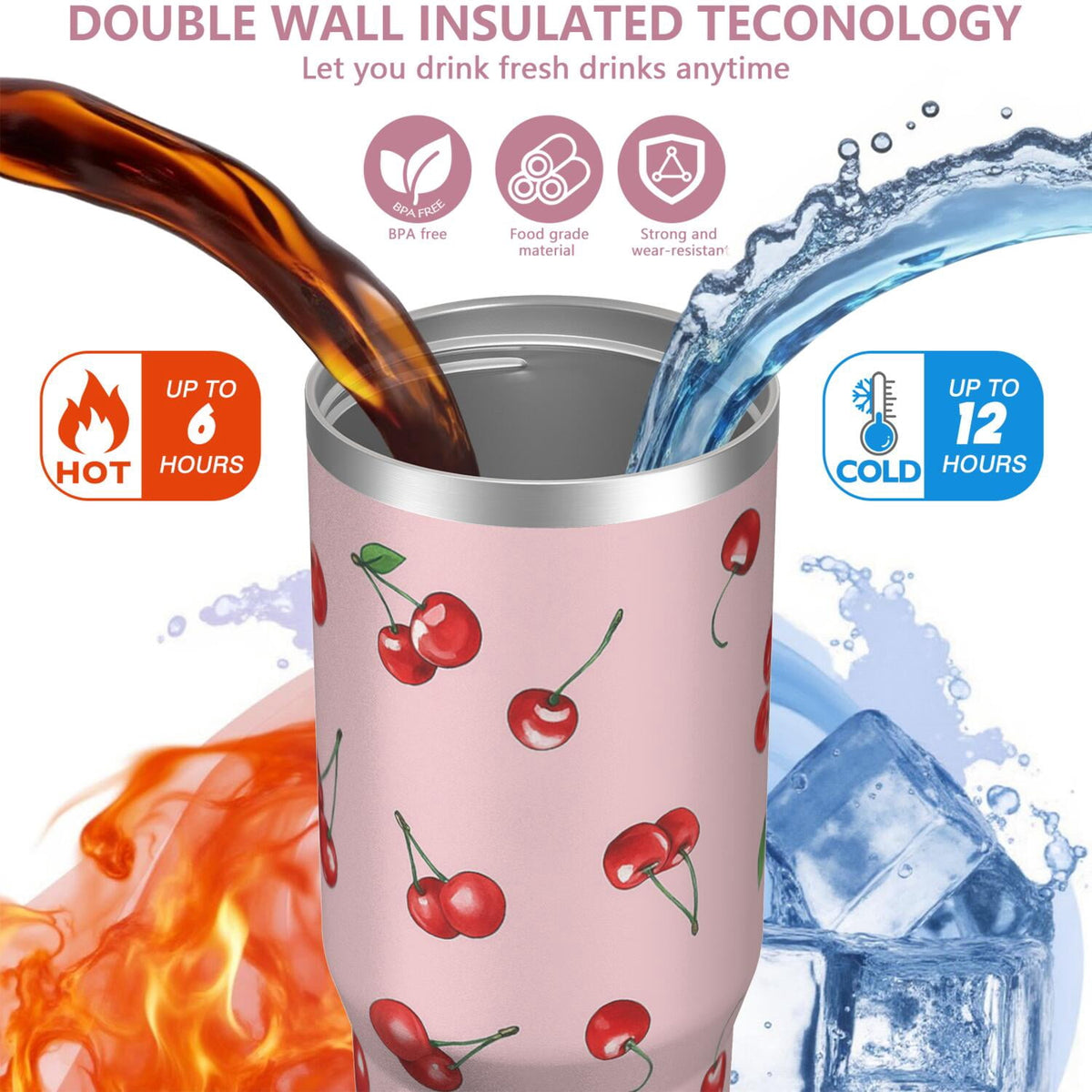 1pc cherry 30oz Tumbler with Straw & Handle - Insulated Stainless Steel Cup | Holiday Gift for Man Women (Christmas, Valentin