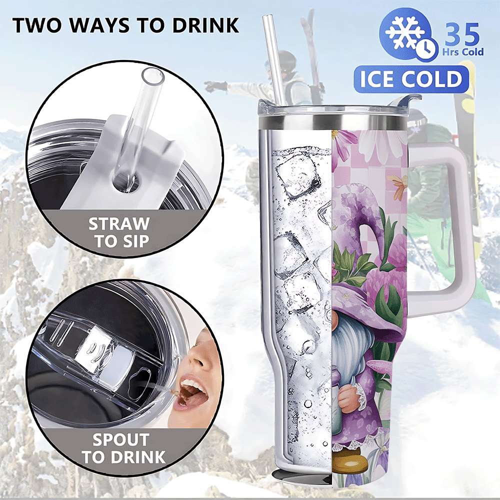 Purple Floral Gnome Stainless Steel Tumbler with Handle and Straw, Insulated Travel Mug for Women, Cute Spring Flower Cup Gif