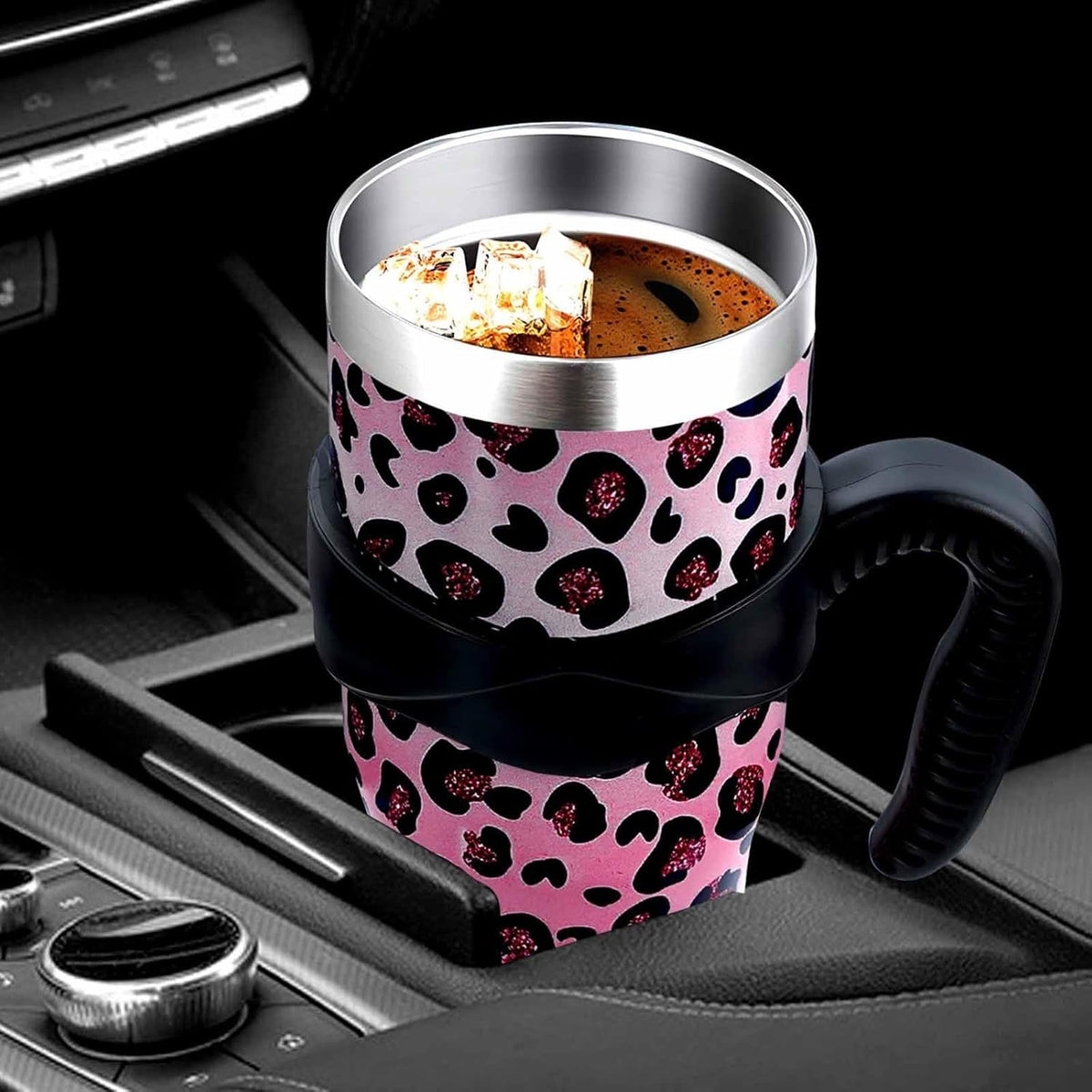 Sunmdecor Pink Leopard Print Tumbler with Handle and Silicone Straws - 40 Oz Cheetah Insulated Tumbler - Leopard Cup Gift for