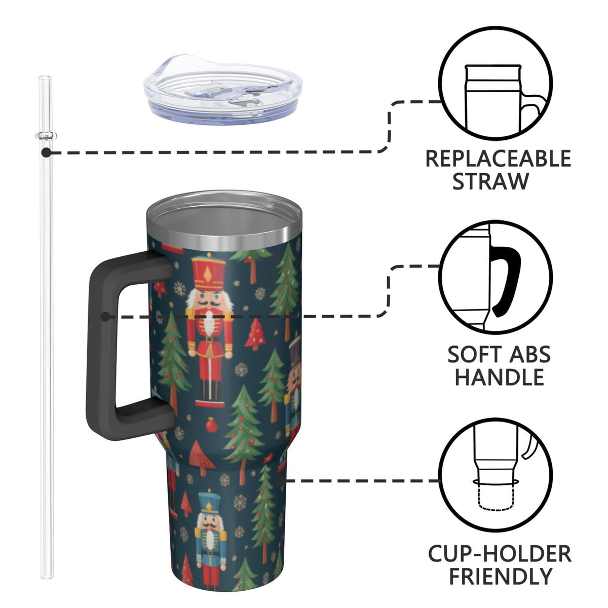 1pc nutcracker 40oz Tumbler with Straw & Handle - Insulated Stainless Steel Cup | Holiday Gift for Man Women (Christmas, Vale