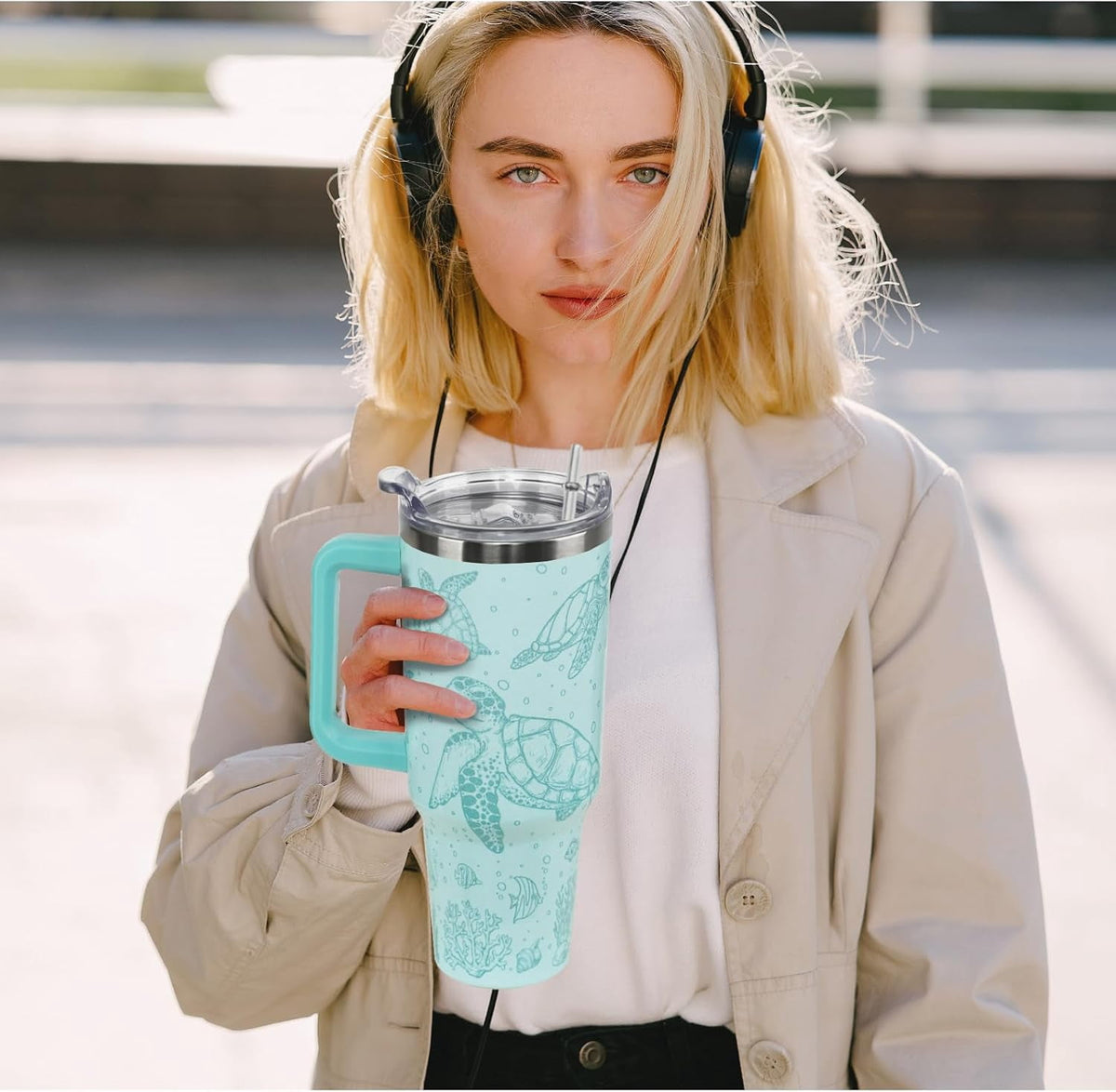 Sea Turtle Tumbler with Handle and Straw 40 oz Turtle Cup Hawaiian Ocean Turtles Coffee Travel Mug Stainless Steel Insulated 