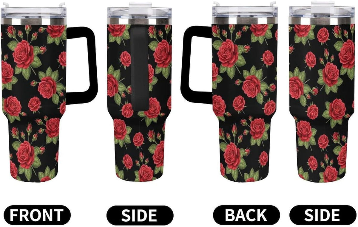 40 oz Insulated Floral Flowers Red Rose Coffee Tumbler with Portable Handle, Stainless Steel Vacuum Travel Mug for Unisex Hom