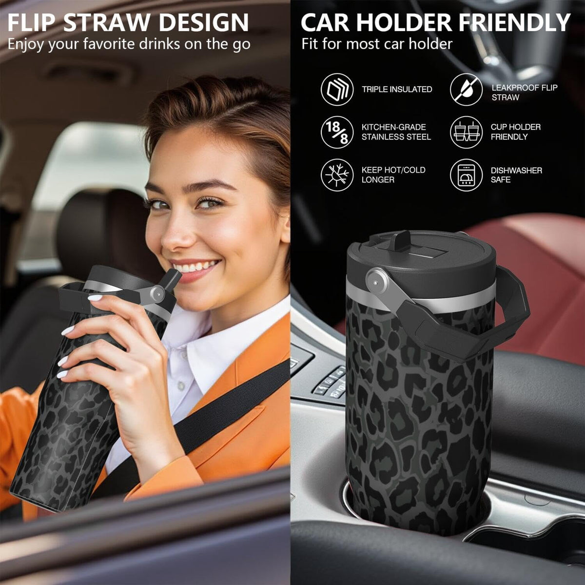 30oz Insulated Leopard Tumbler with Handle,Featuring a Leak-proof 2-in-1 Lid and Straw,a Vacuum-insulated Travel Coffee Mug,P