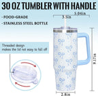 30 Oz Blue Bow Tumbler with Handle and Straw, Insulated Stainless Steel Coffee Travel Cup Mug Water Bottle, Blue Bow Themed G