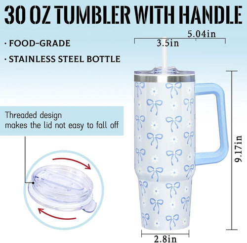 30 Oz Blue Bow Tumbler with Handle and Straw, Insulated Stainless Steel Coffee Travel Cup Mug Water Bottle, Blue Bow Themed G