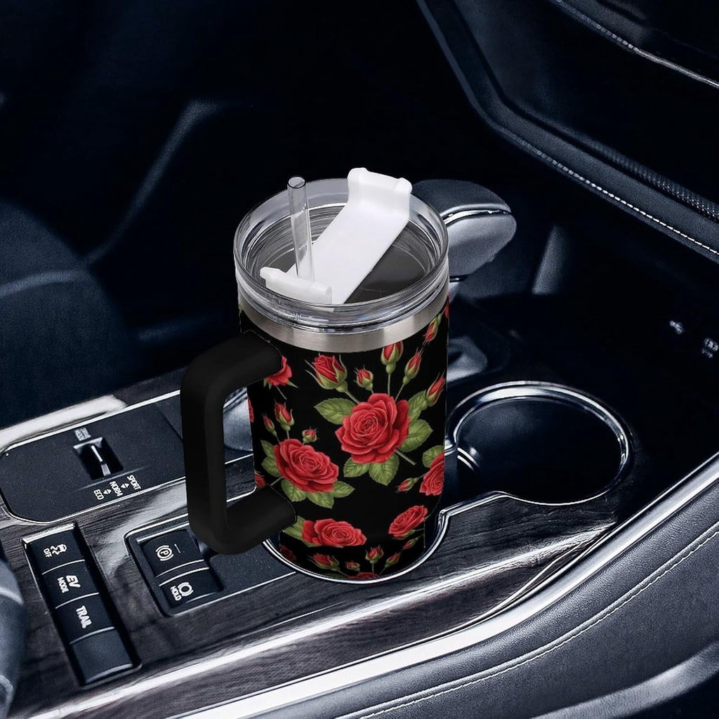 40 oz Insulated Floral Flowers Red Rose Coffee Tumbler with Portable Handle, Stainless Steel Vacuum Travel Mug for Unisex Hom