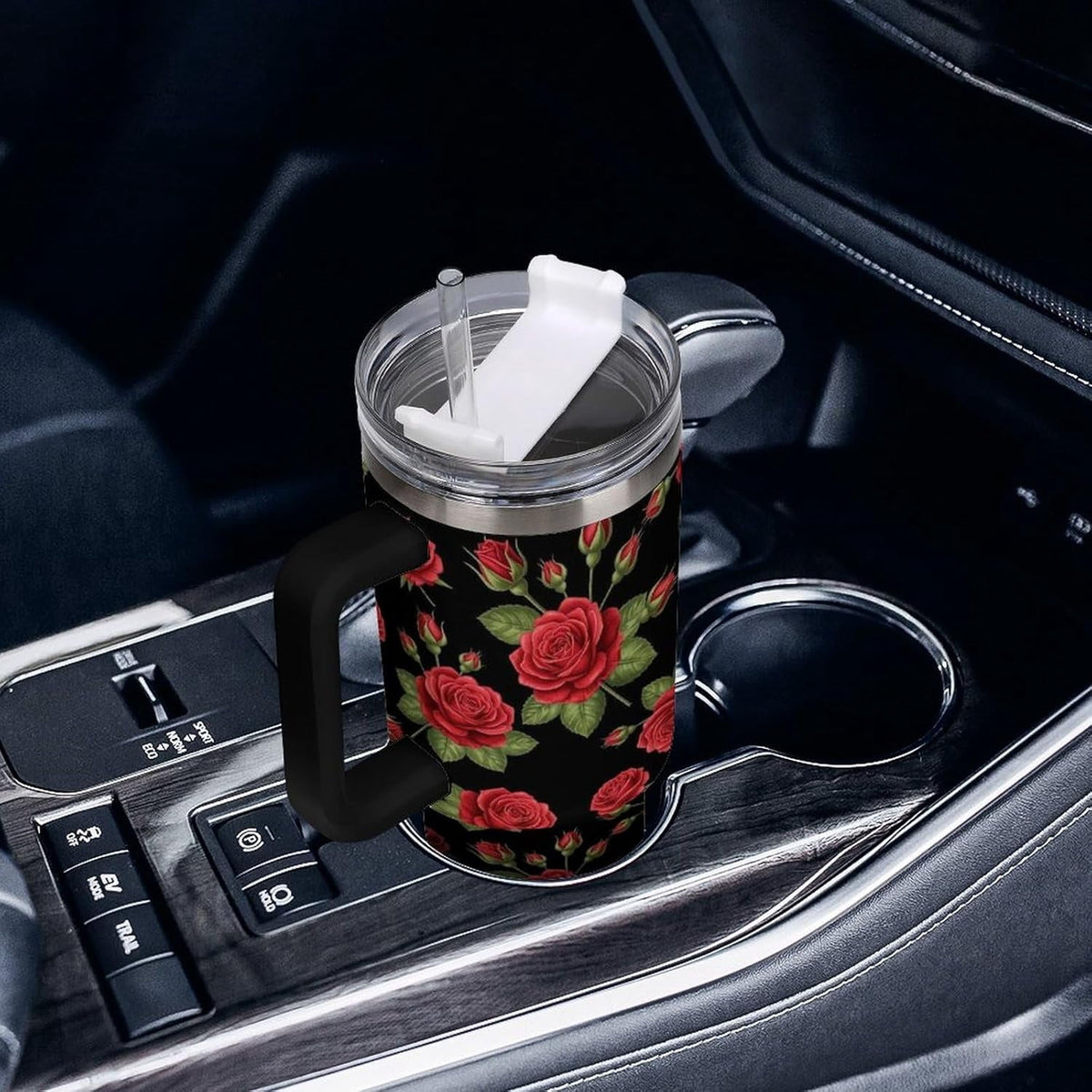 40 oz Insulated Floral Flowers Red Rose Coffee Tumbler with Portable Handle, Stainless Steel Vacuum Travel Mug for Unisex Hom