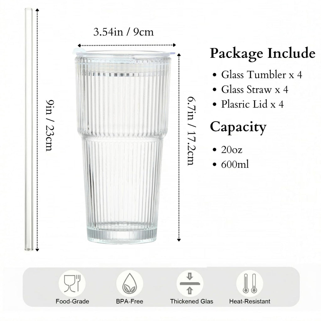 20 oz Clear Ribbed Glass Tumbler with Lid and Straw, Spill-proof Iced Coffee Cups, Hobnail Drinking Set of 4, Vintage Glasswa