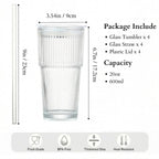 20 oz Clear Ribbed Glass Tumbler with Lid and Straw, Spill-proof Iced Coffee Cups, Hobnail Drinking Set of 4, Vintage Glasswa
