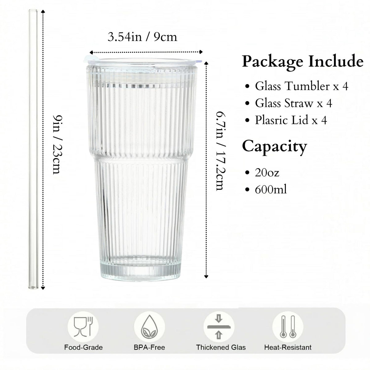 20 oz Clear Ribbed Glass Tumbler with Lid and Straw, Spill-proof Iced Coffee Cups, Hobnail Drinking Set of 4, Vintage Glasswa