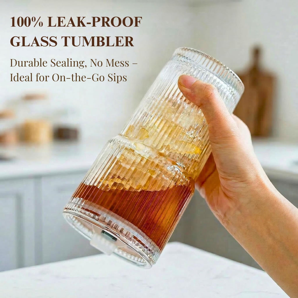 20 oz Clear Ribbed Glass Tumbler with Lid and Straw, Spill-proof Iced Coffee Cups, Hobnail Drinking Set of 4, Vintage Glasswa