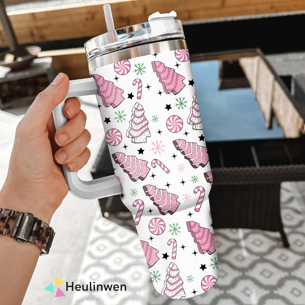 Pink Christmas Tree Cakes Stainless Steel Tumbler 40Oz With Handle Insulated Tumbler Holiday Coffee Travel Mug for Tea, Latte