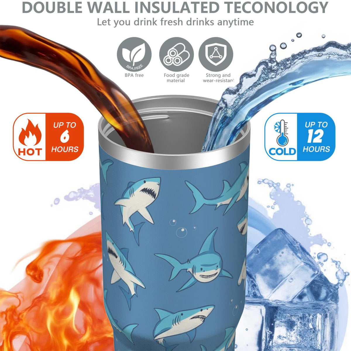 1pc shark 30oz Tumbler with Straw & Handle - Insulated Stainless Steel Cup | Holiday Gift for Man Women (Christmas, Valentine
