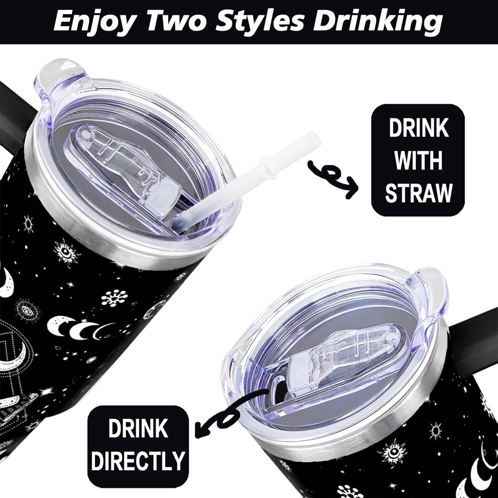 40oz Goth Gothic Tumbler with Handle and Straw, Stainless Steel Vacuum Insulated Flip Straw Butterfly Moon Tumbler, Spill Pro