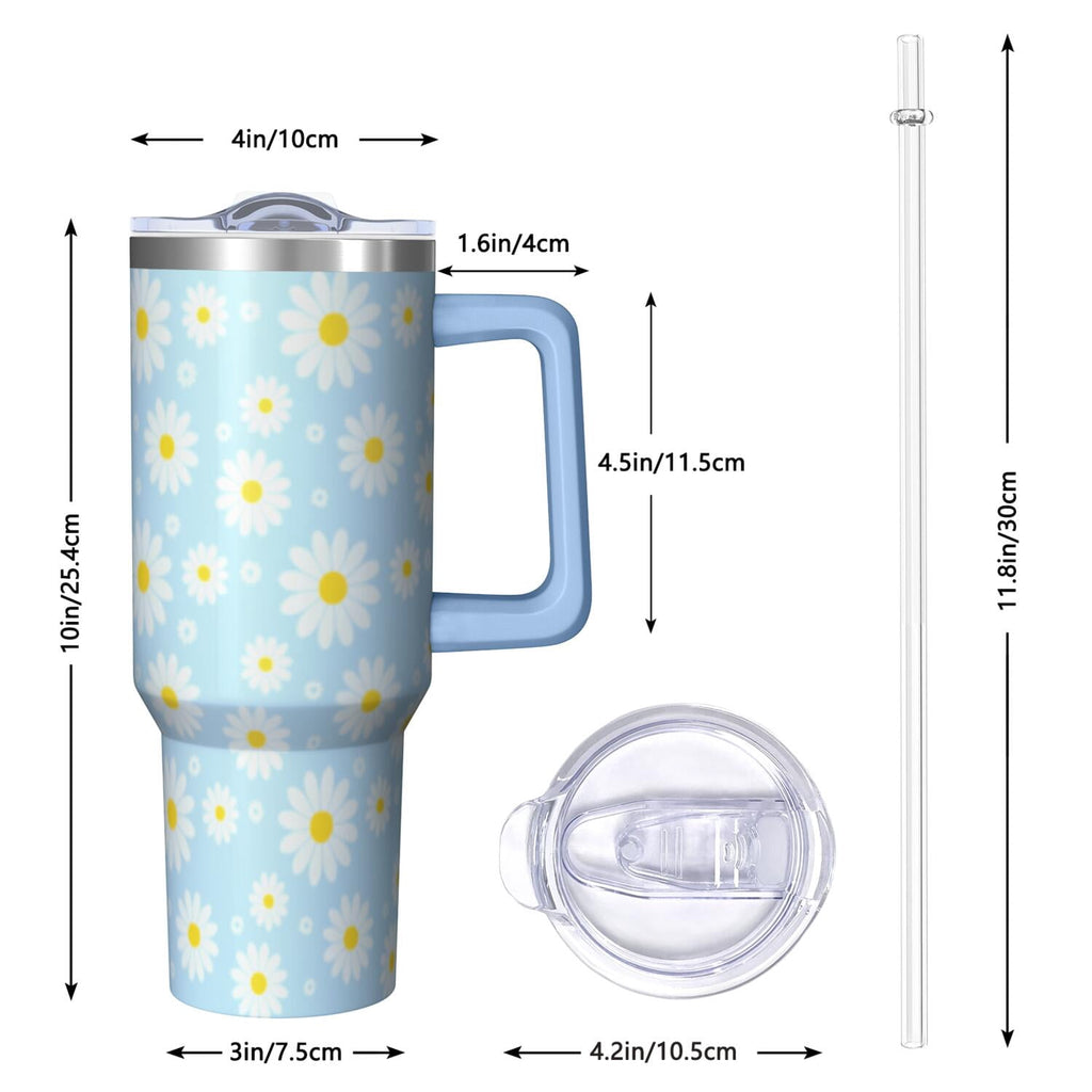 1pc daisy 40oz Tumbler with Straw & Handle - Insulated Stainless Steel Cup | Holiday Gift for Man Women (Christmas, Valentine
