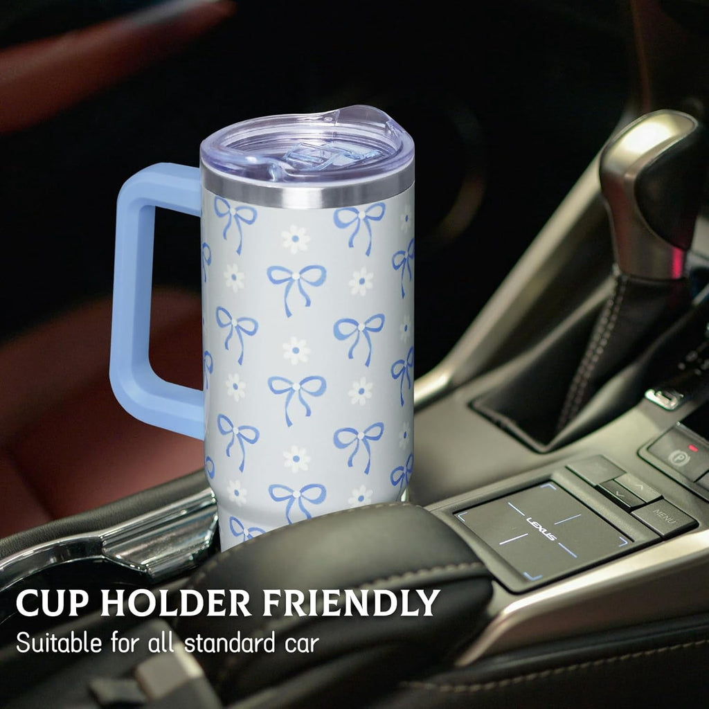 30 Oz Blue Bow Tumbler with Handle and Straw, Insulated Stainless Steel Coffee Travel Cup Mug Water Bottle, Blue Bow Themed G