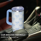 30 Oz Blue Bow Tumbler with Handle and Straw, Insulated Stainless Steel Coffee Travel Cup Mug Water Bottle, Blue Bow Themed G