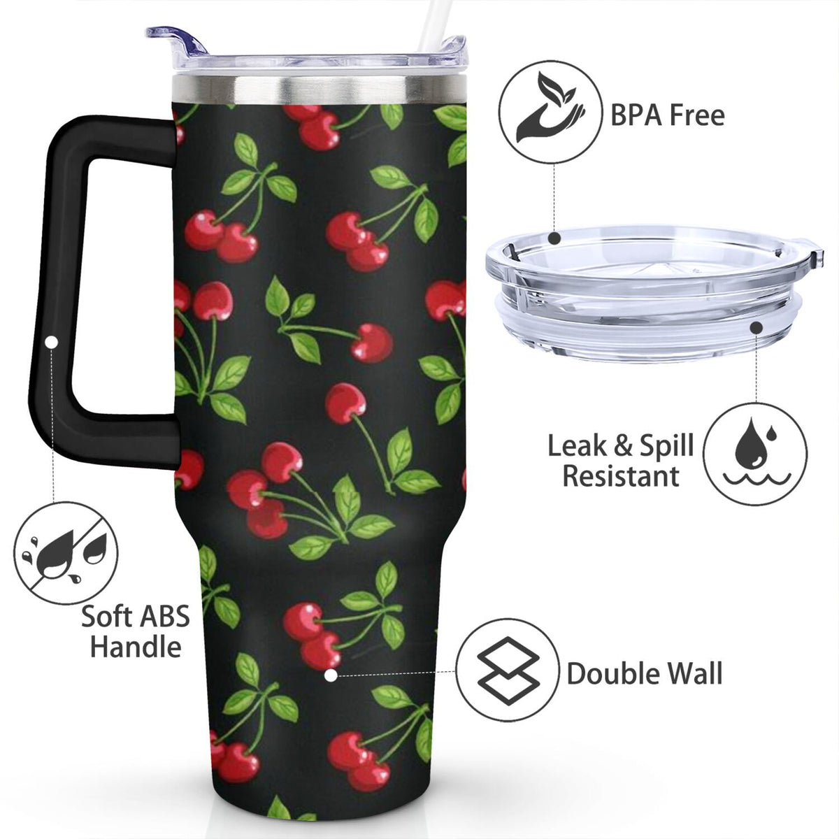 40oz Red Cherry Fruit Pattern Stainless Steel Flip Straw Tumbler Spill Proof Travel Cup Double Wall Vacuum Insulated Coffee M