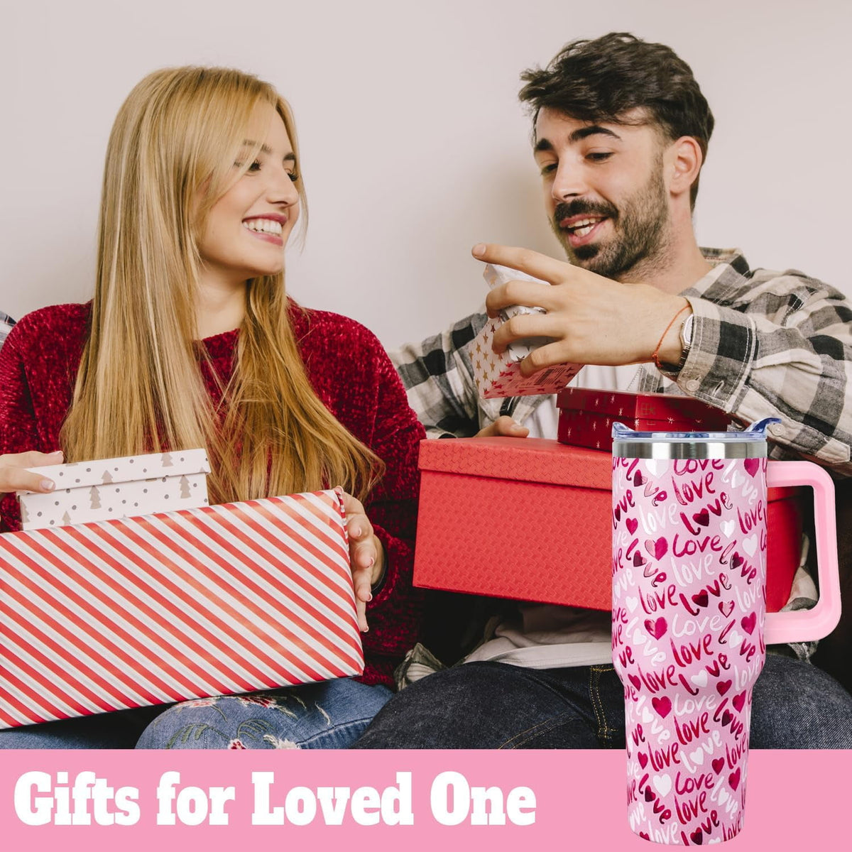 40 Oz Valentines Day Tumbler 3d-Printed Pink Love Tumbler Gifts for Couple Women Men Insulated Travel Cup with Handle Lid and
