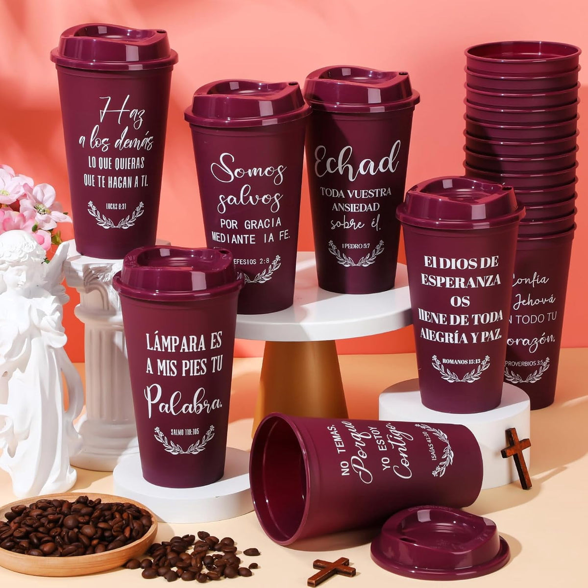 Spanish Bible Verse Tumblers Bulk, 16 oz Reusable Christian Cups with Lids, Plastic Coffee Cups for Church Events, Bible Stud