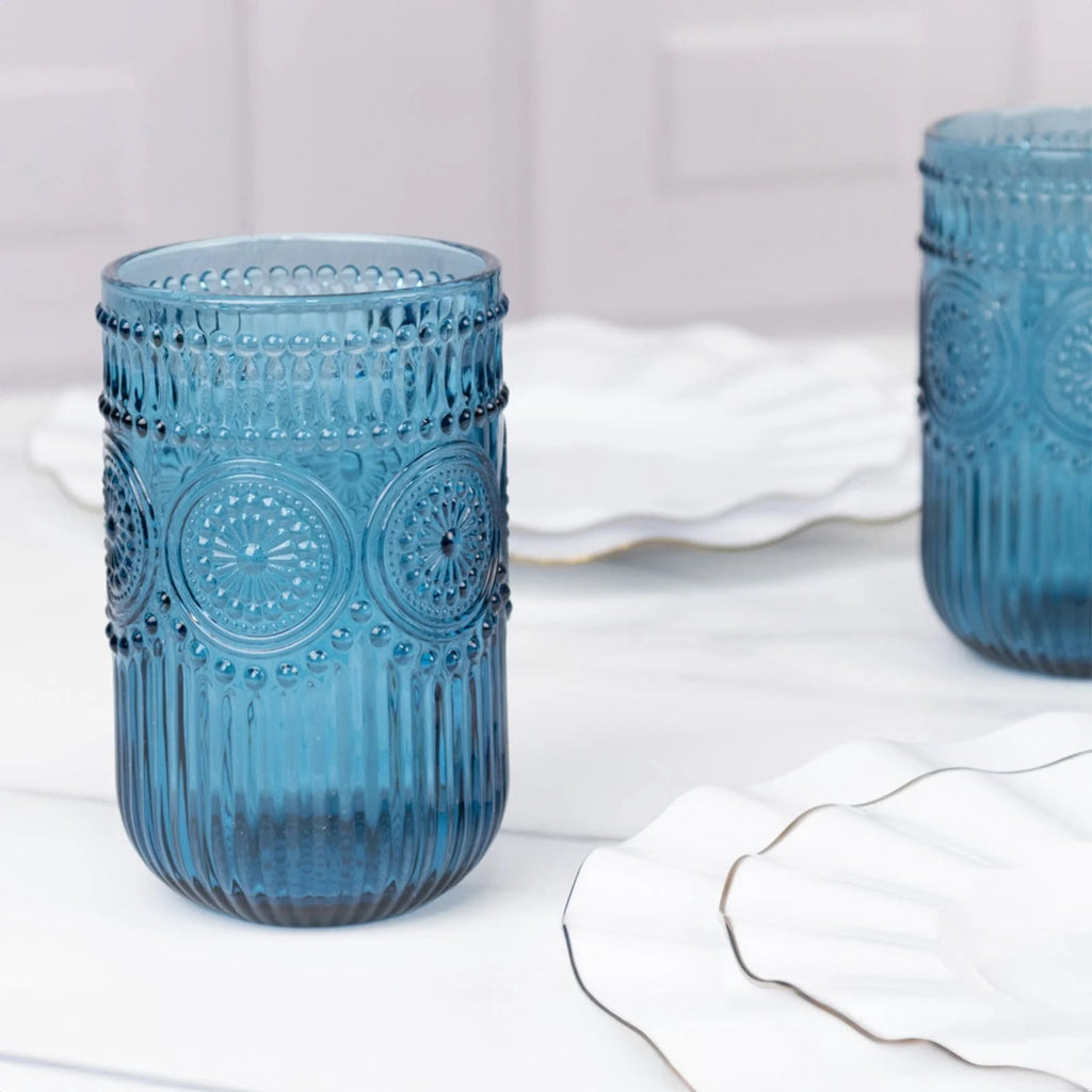 BalsaCircle 6 Ocean Blue 14 oz Round Glass Tumblers with Vintage Floral Embossed Pattern Party Tableware Wedding Events Decor