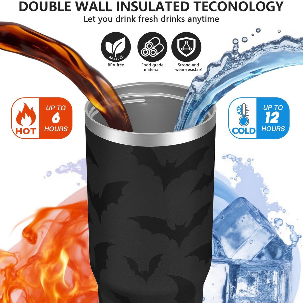 1pc Halloween Bat 30oz Tumbler with Straw & Handle - Insulated Stainless Steel Cup | Holiday Gift for Man Women (Christmas, V
