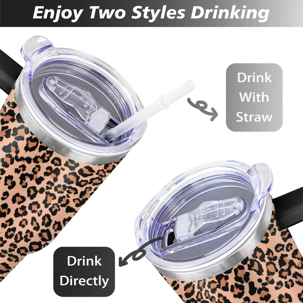 40oz Fashion Leopard Pattern Stainless Steel Flip Straw Tumbler Spill Proof Travel Cup Double Wall Vacuum Insulated Coffee Mu