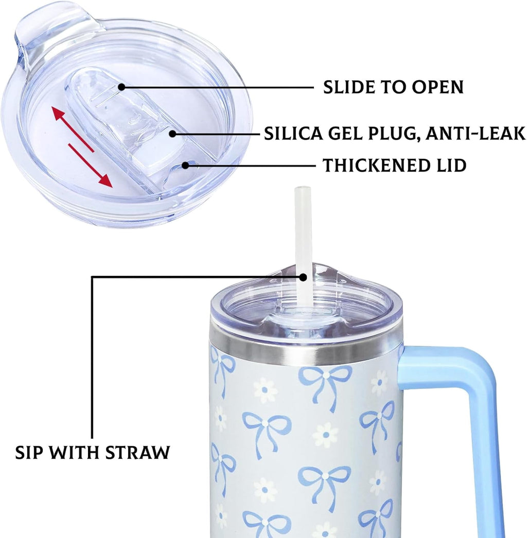 30 Oz Blue Bow Tumbler with Handle and Straw, Insulated Stainless Steel Coffee Travel Cup Mug Water Bottle, Blue Bow Themed G
